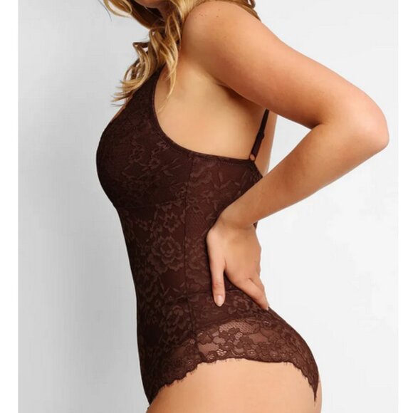 Shapewear Firm Control Smoothing Full Lace Thong Bodysuit Brown L - Picture 3 of 5